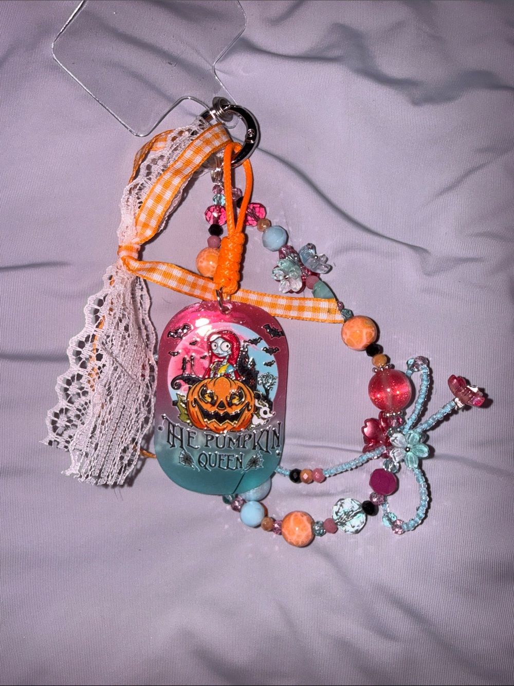 The Pumpkin Queen Phone Keychain Charm with Orange & Teal Accents